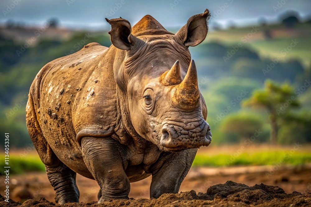 Fototapeta premium A Dirty Rhino Covered in Mud in Its Natural Habitat, Capturing the Beauty of Wildlife and Conservation Efforts in Africa's Savannas and National Parks