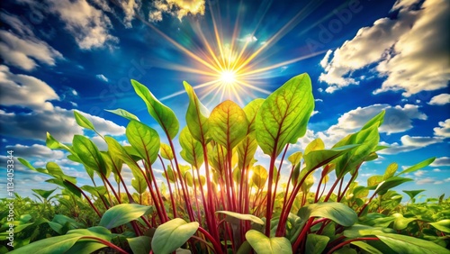 A Lush 3D  of Garden Sorrel Plants Reaching for the Bright Sun-Drenched Sky in a Vibrant Long Exposure Scene Captured in Stunning Detail and Colorful Beauty photo