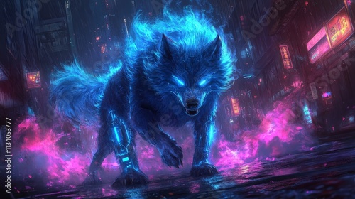 A glowing, cybernetic wolf prowls through a neon-lit urban landscape.