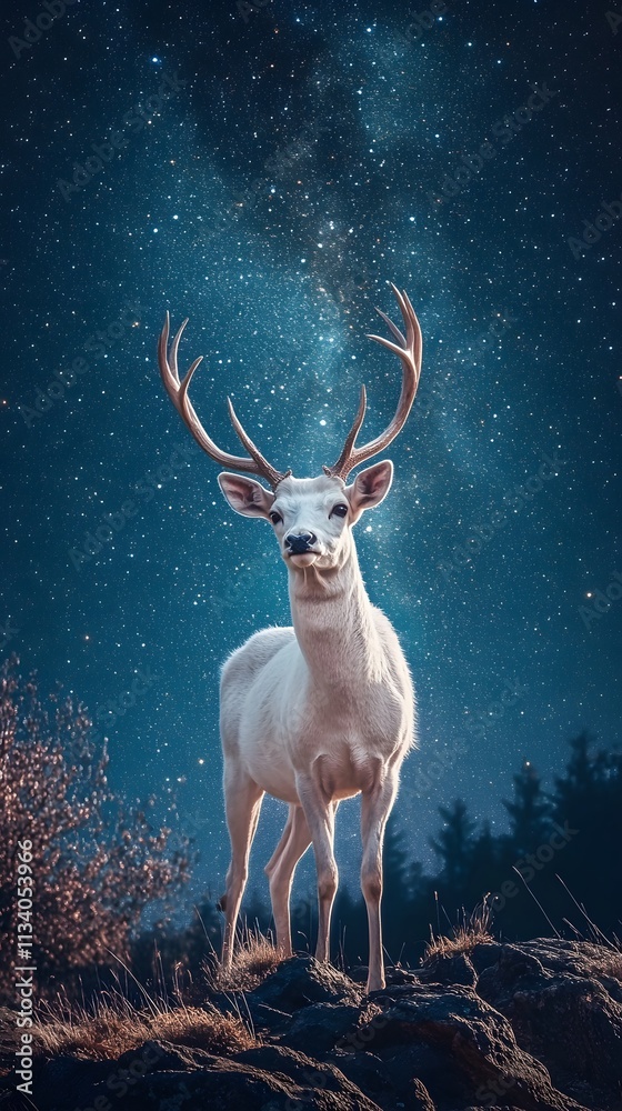 A majestic white deer with perfect antlers, on the mountain and the view of the stars in the beautiful sky A majestic white deer with perfect antlers, on the mountain and the view of the stars in the beautiful sky