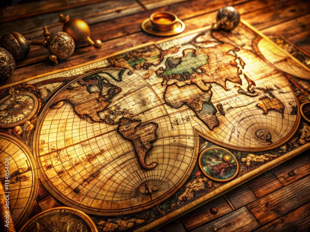 Fototapeta premium Antique Map, Vintage World Atlas, Detailed , Old Wooden Table, Worm's Eye View, Exploration, Cartography, Travel, Adventure