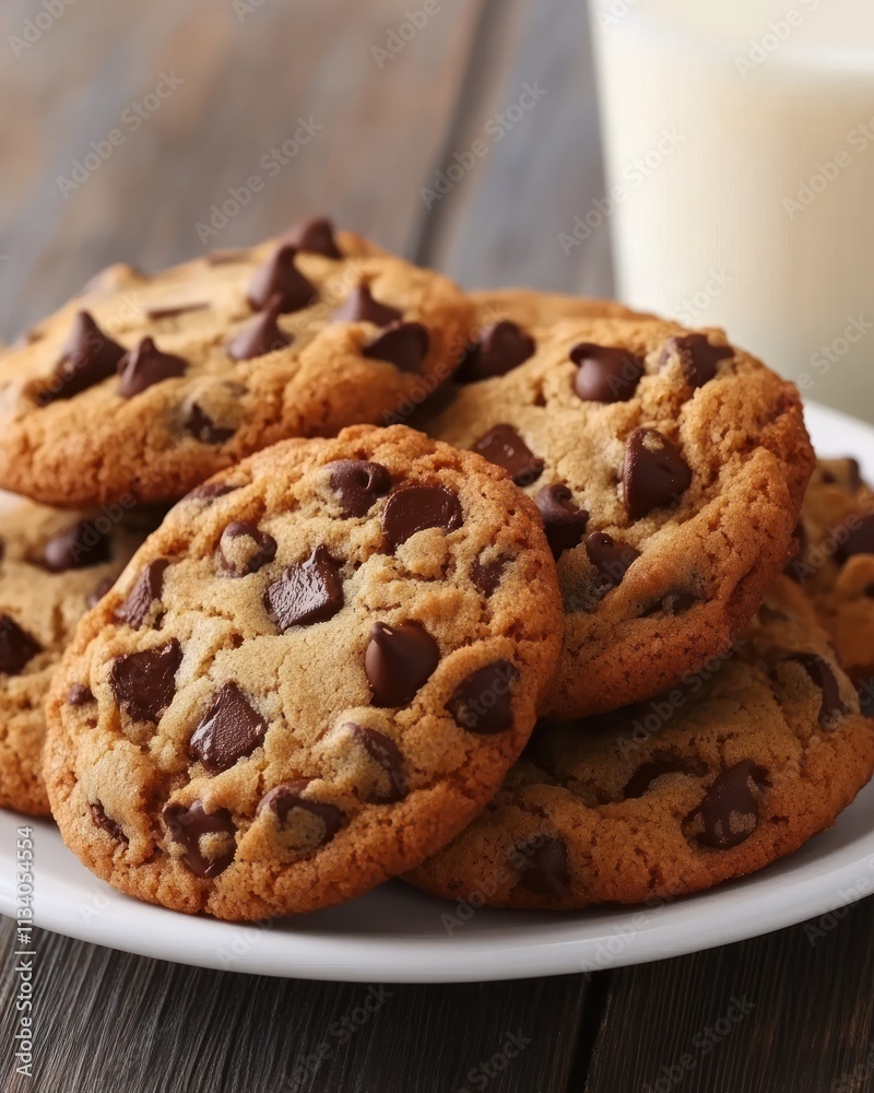 A plate of freshly baked chocolate chip cookies beside a glass of milk. A plate of freshly baked chocolate chip cookies beside a glass of milk.