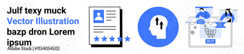 Text elements, profile rating card with stars, silhouette with arrows, people with laptop, shopping cart. Ideal for user experience, profiles, ratings, e-commerce online services digital marketing