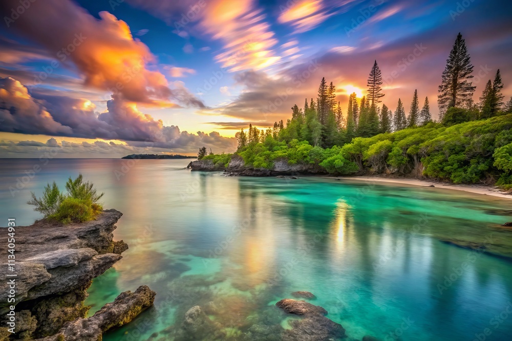 Fototapeta premium Captivating Long Exposure of New Caledonia's Turquoise Waters and Lush Landscapes at Sunset, Showcasing the Serenity of Paradise Islands and Vibrant Coral Reefs