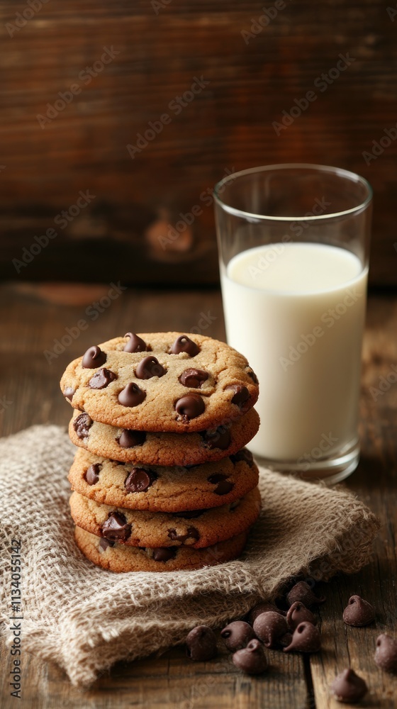 A stack of chocolate chip cookies beside a glass of milk on a rustic wooden table. A stack of chocolate chip cookies beside a glass of milk on a rustic wooden table.