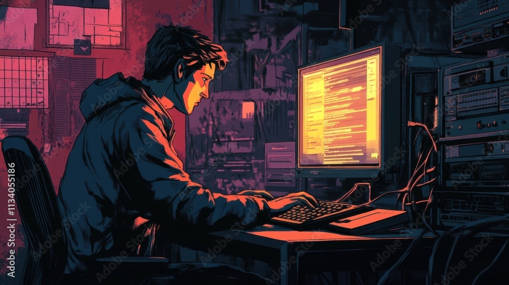 hacker working late at night on computer hacker working late at night on computer