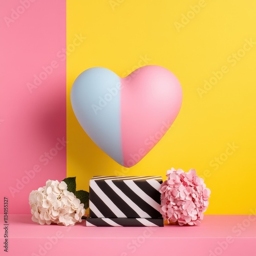 A colorful arrangement featuring a two-toned heart, striped gift box, and pink flowers against vibrant pastel backgrounds.