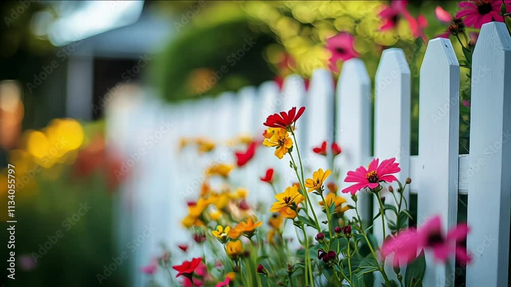 A white picket fence lining the edge of the flower garden