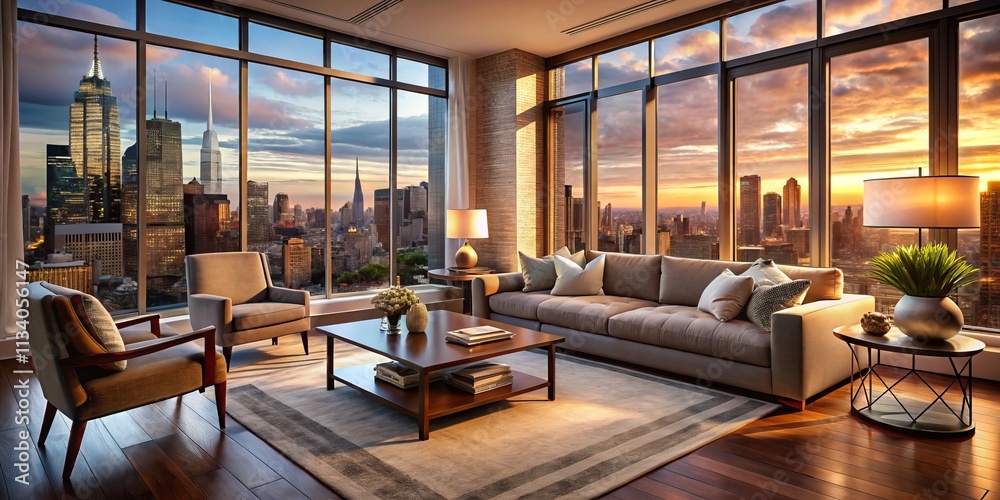 Cozy New York Apartment Interior with Cityscape Views Featuring Warm Lighting, Stylish Decor, and Expansive Windows, Perfect for Capturing the Urban Charm of City Living Cozy New York Apartment Interior with Cityscape Views Featuring Warm Lighting, Stylish Decor, and Expansive Windows, Perfect for Capturing the Urban Charm of City Living