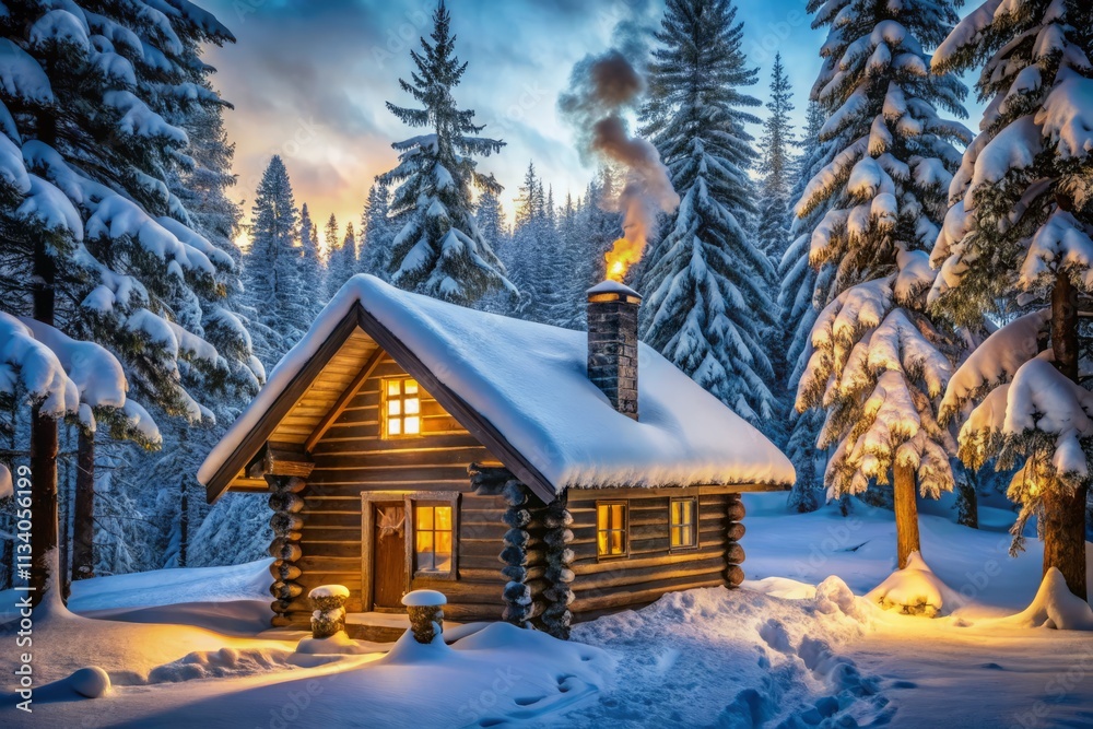 Fototapeta premium Cozy Winter Cabin Escape: Peaceful Snow Scene, Rustic Log Home, Serene Forest