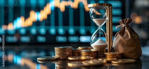 Hourglass and coins symbolize time and investment in a financial context. photo