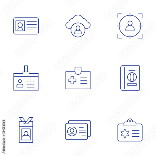 Identity icons set. Thin Line style, editable stroke. card, cloud identity, id, passport, id card, police identification, identity theft
