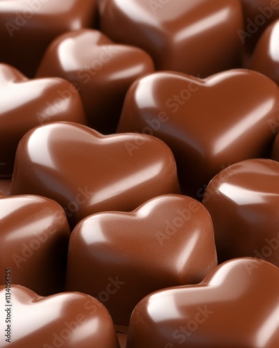 A close-up of glossy chocolate heart-shaped candies arranged together.