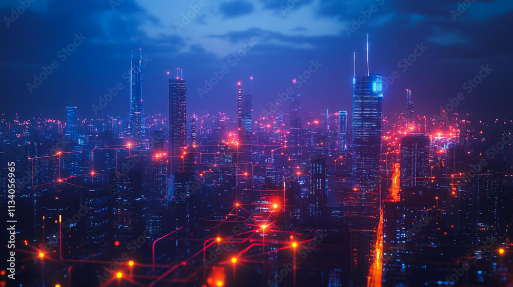 Smart digital Innovation city with connection network reciprocity over the cityscape. of future smart wireless digital city and social media networking systems that connects people with in city Smart digital Innovation city with connection network reciprocity over the cityscape. of future smart wireless digital city and social media networking systems that connects people with in city