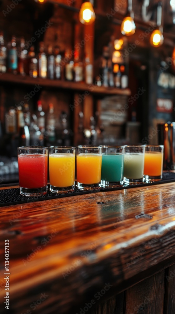 A vibrant display of colorful cocktails arranged on a wooden bar top. A vibrant display of colorful cocktails arranged on a wooden bar top.