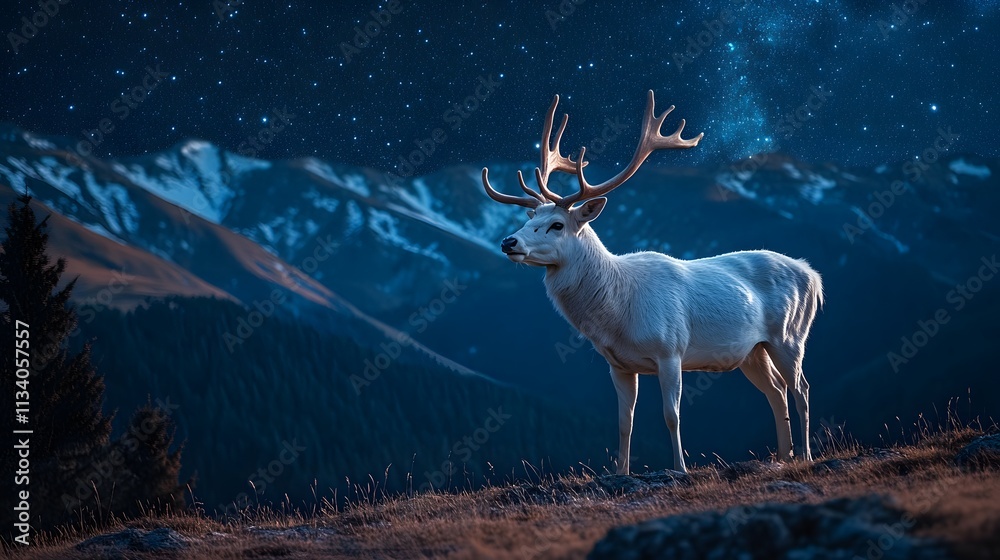 Fototapeta premium A majestic white deer with perfect antlers, on the mountain and the view of the stars in the beautiful sky