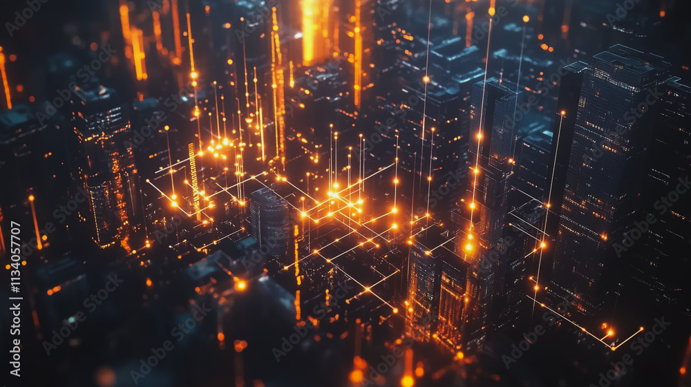 Obraz premium Smart digital Innovation city with connection network reciprocity over the cityscape. of future smart wireless digital city and social media networking systems that connects people with in city