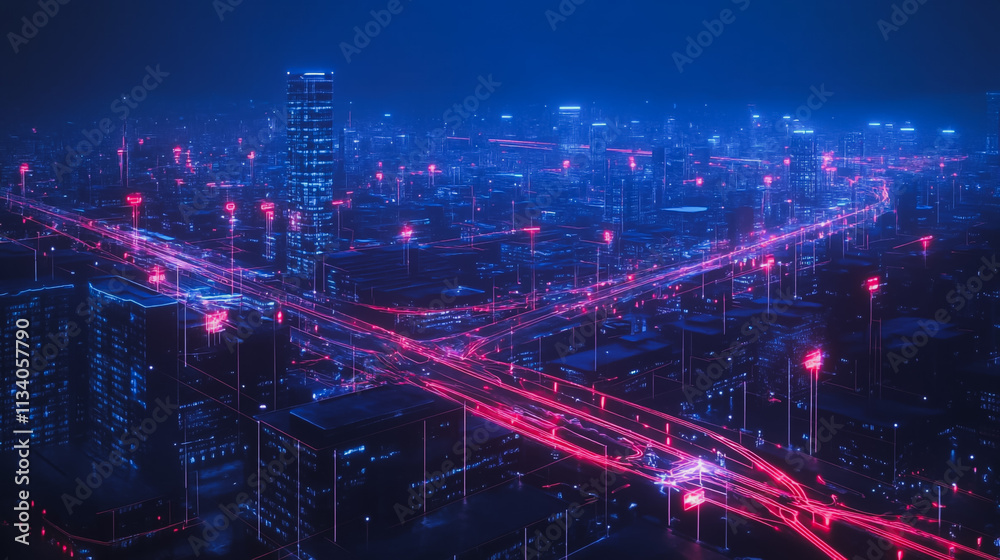 Smart digital Innovation city with connection network reciprocity over the cityscape. of future smart wireless digital city and social media networking systems that connects people with in city Smart digital Innovation city with connection network reciprocity over the cityscape. of future smart wireless digital city and social media networking systems that connects people with in city