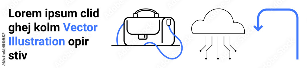 Briefcase with connected cable, cloud with circuit lines, and downward arrow show tech interface. Ideal for business, cloud computing, connections, tech presentations, data management, networking Briefcase with connected cable, cloud with circuit lines, and downward arrow show tech interface. Ideal for business, cloud computing, connections, tech presentations, data management, networking