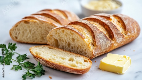 Golden-brown crusty bread, sliced, shows airy crumb. Perfect for bakery, food blog, or recipe websites.