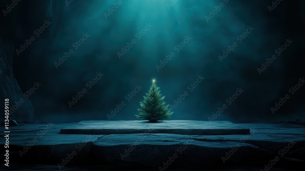 A serene and mystical scene featuring a solitary Christmas tree illuminated against a dark, foggy background, This image evokes a sense of wonder and can be used for holiday-themed designs, marketing A serene and mystical scene featuring a solitary Christmas tree illuminated against a dark, foggy background, This image evokes a sense of wonder and can be used for holiday-themed designs, marketing