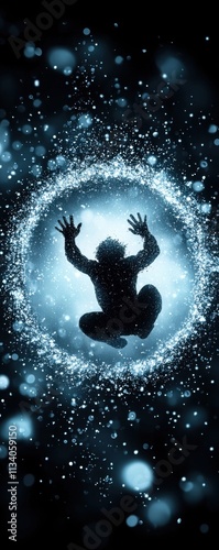 Ethereal ascent of a silhouetted figure cosmic realm digital art starry environment dramatic perspective exploration of existence