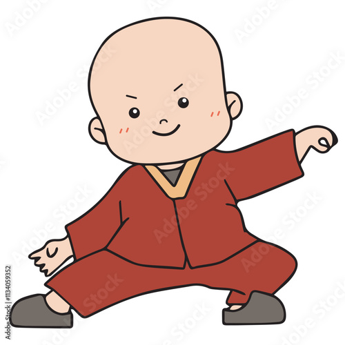 vector illustration of smiling Buddhist monk doing shaolin pose, wushu tradition,  suited for Buddhist kids cartoon 