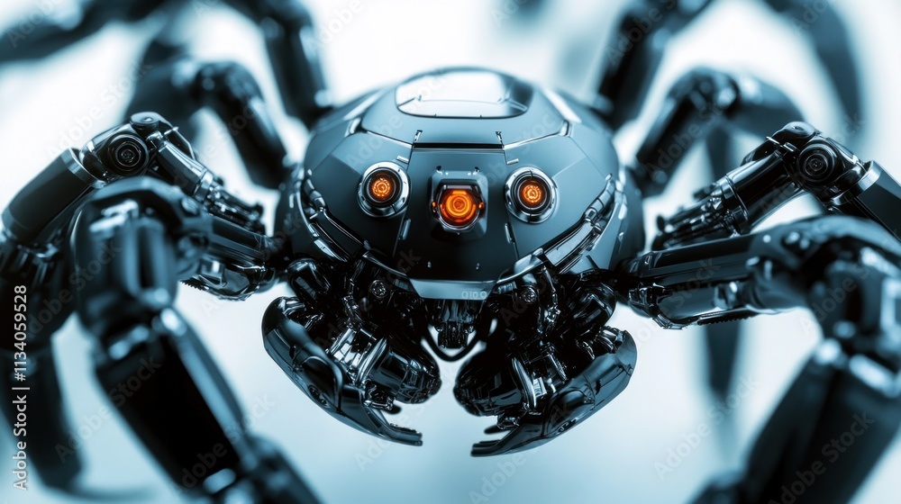 Fototapeta premium Futuristic spider robot with metallic dark gray body and glowing orange eyes.