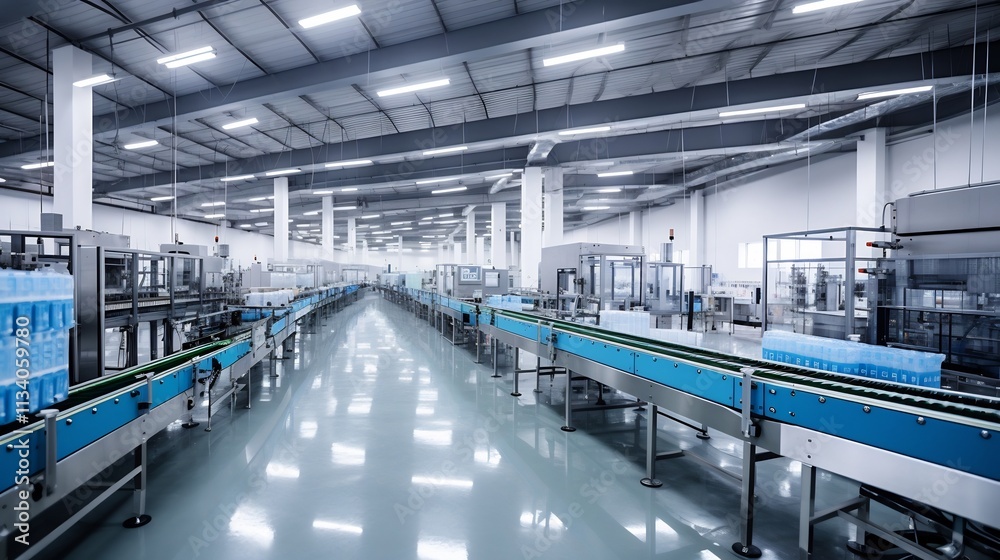 Expansive aerial view showcasing the dynamic of a water bottling factory Expansive aerial view showcasing the dynamic of a water bottling factory