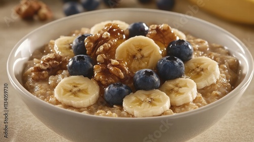 delicious oatmeal with banana blueberry and walnuts