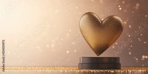 A shimmering gold heart sculpture stands on a pedestal, set against a soft, glowing background with sparkling particles, symbolizing love and celebration.