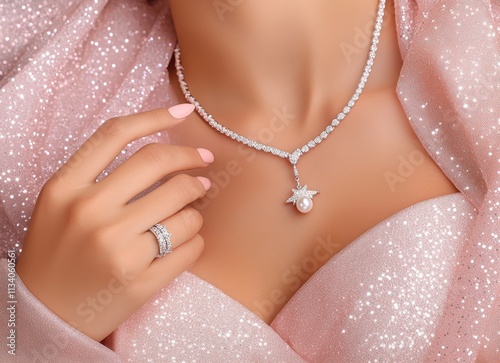 Elegant Diamond Necklace and Ring Set on a Glittering Pink Fabric Background photo