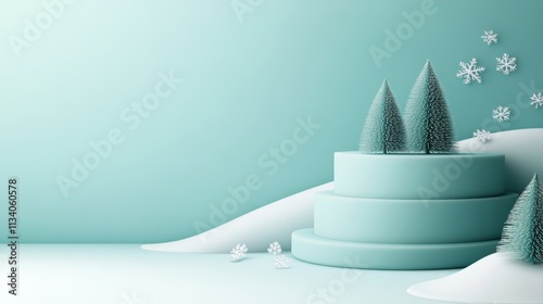 A serene winter scene featuring three stylized trees on stacked circular platforms with snowflakes, perfect for holiday-themed designs, invitations, or social media graphics, photo