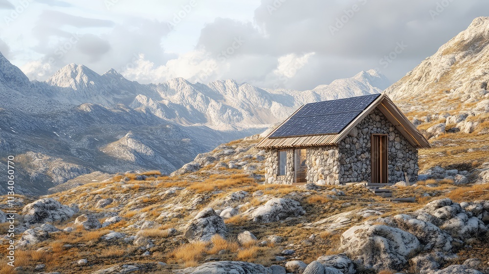 An off-grid mountain hut constructed with natural stone and solar panels, blending into the rugged landscape An off-grid mountain hut constructed with natural stone and solar panels, blending into the rugged landscape