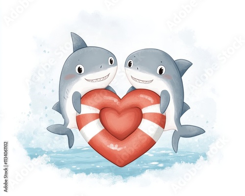 Two cartoon sharks hold a heart-shaped life buoy, symbolizing love and friendship in a playful underwater setting. photo