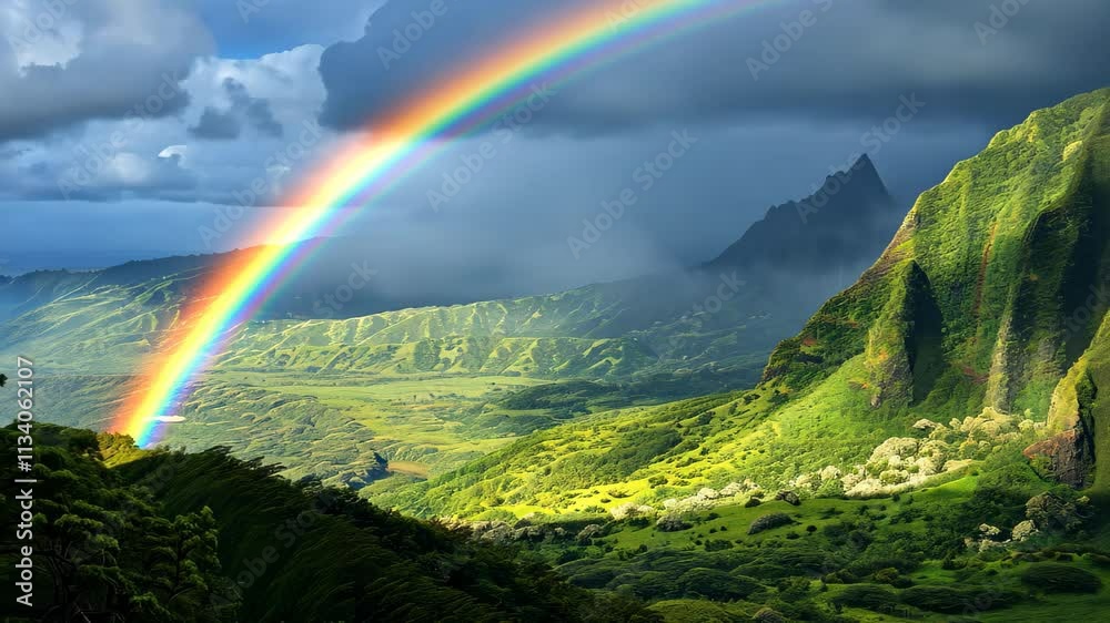 A brightly colored rainbow arches across a clear sky, illuminating a lush green valley below, A rainbow spanning across a lush Hawaii valley