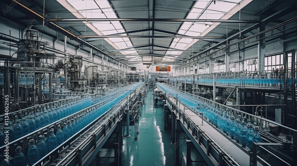 Simultaneous of multiple water bottling lines in a large industrial facility showcasing the efficiency and scale of modern beverage manufacturing processes Simultaneous of multiple water bottling lines in a large industrial facility showcasing the efficiency and scale of modern beverage manufacturing processes