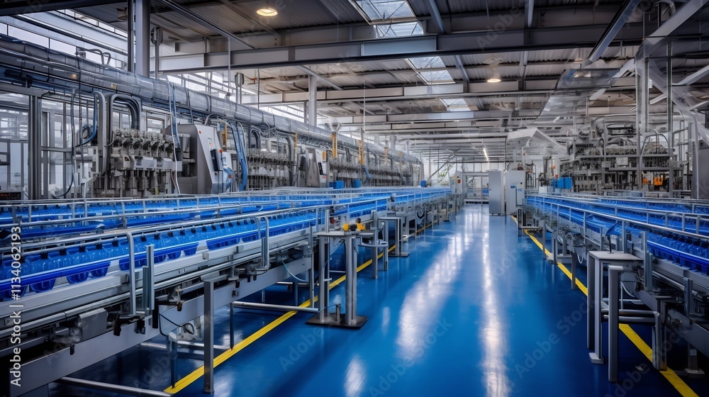 Simultaneous water bottling lines operating at high efficiency inside a large scale industrial manufacturing facility Automated machinery conveyor belts Simultaneous water bottling lines operating at high efficiency inside a large scale industrial manufacturing facility Automated machinery conveyor belts