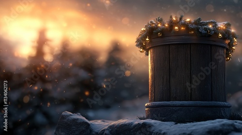 A decorated wooden barrel adorned with festive lights and greenery stands against a blurred sunset backdrop, conveying a warm holiday atmosphere, Ideal for seasonal marketing or winter-themed designs photo