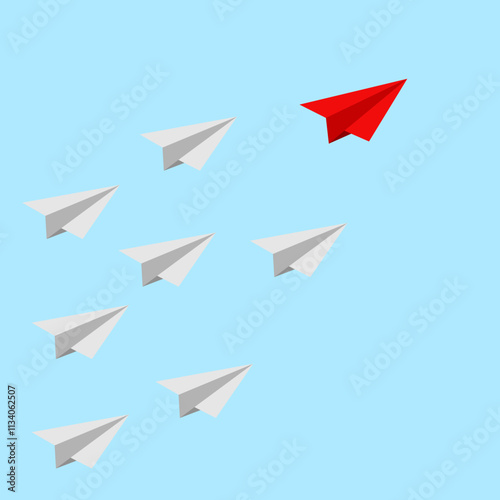 Paper style red aircraft represent the journey to success of leader