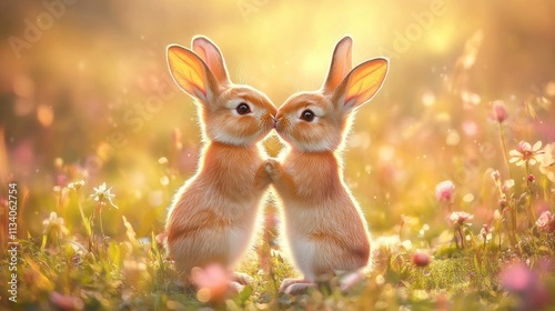 Two Bunnies Sharing a Sweet Moment in a Sun-Kissed Meadow photo