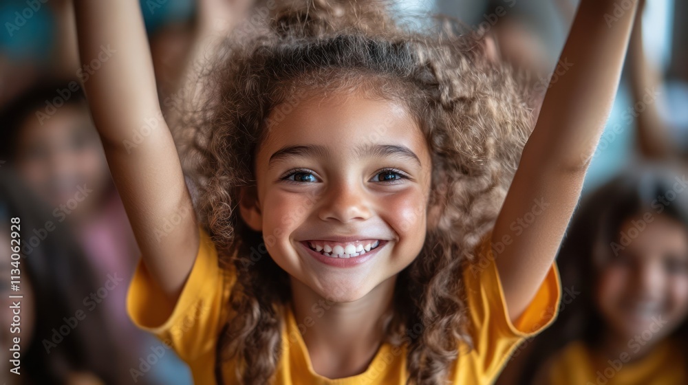 Joyful Girl with Raised Hands, Smiling Radiantly Joyful Girl with Raised Hands, Smiling Radiantly