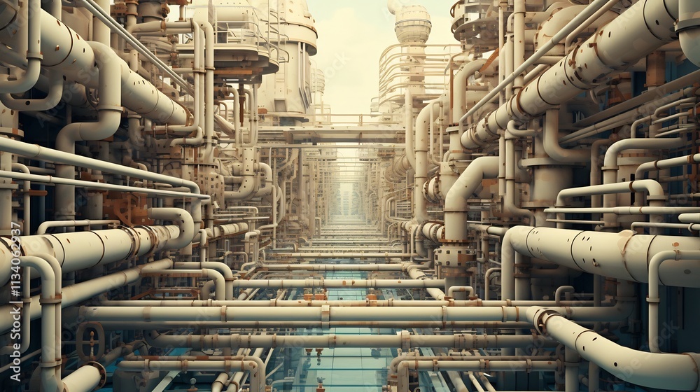 Bustling Refinery with Interconnected Pipelines and Pressure Valves Depicting the Complex Industrial Infrastructure of Energy Production and Distribution Bustling Refinery with Interconnected Pipelines and Pressure Valves Depicting the Complex Industrial Infrastructure of Energy Production and Distribution