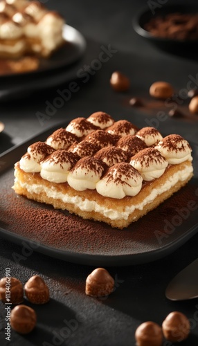 A delicious slice of tiramisu garnished with cocoa powder and surrounded by hazelnuts.