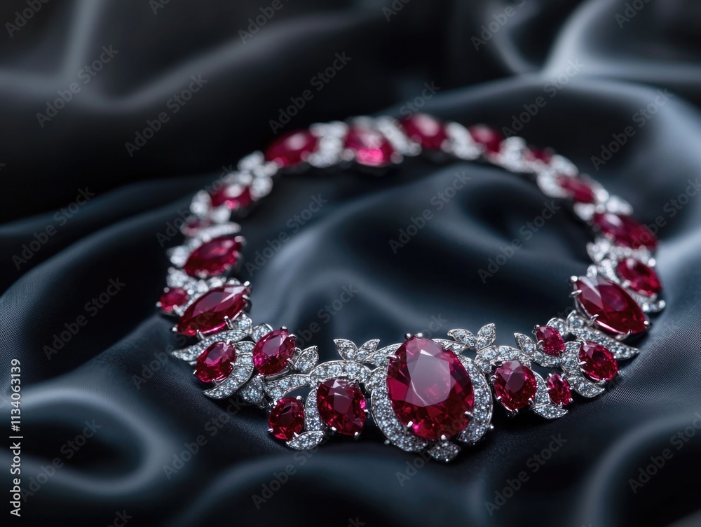 Fototapeta premium Diamond Ruby Necklace Silk Background