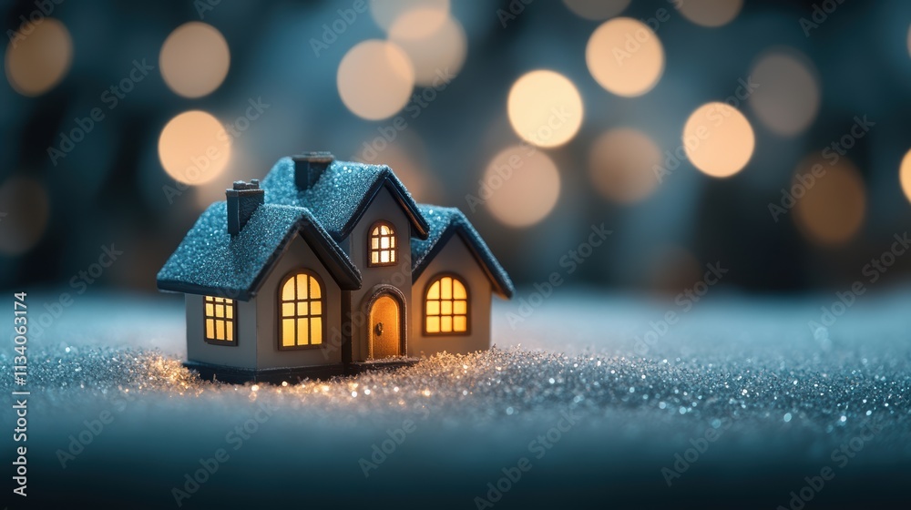 A cozy miniature house adorned with sparkling snow, glowing warmly against a soft, blurred background of lights, Ideal for seasonal promotions, home decoration themes, or winter holiday projects, A cozy miniature house adorned with sparkling snow, glowing warmly against a soft, blurred background of lights, Ideal for seasonal promotions, home decoration themes, or winter holiday projects,