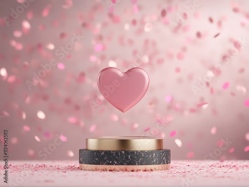 A pink heart hovers above a stylish base, surrounded by falling confetti, creating a festive and romantic ambiance.