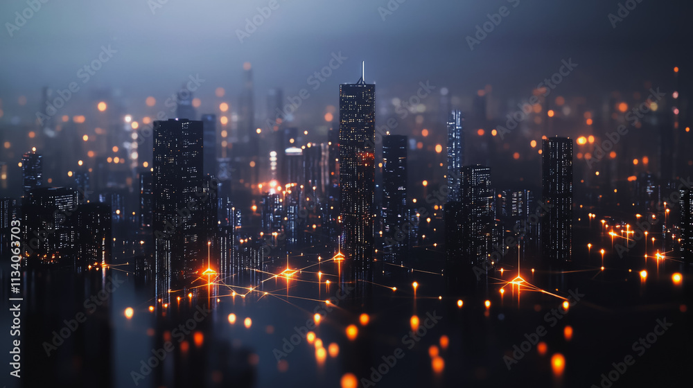 Obraz premium Smart digital Innovation city with connection network reciprocity over the cityscape. of future smart wireless digital city and social media networking systems that connects people with in city