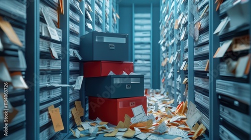 stacked file boxes in a messy archive room