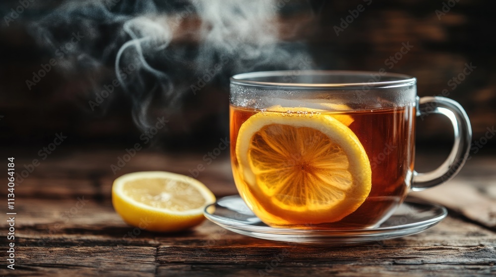 A steaming cup of tea with a lemon slice, placed on a wooden surface. A steaming cup of tea with a lemon slice, placed on a wooden surface.